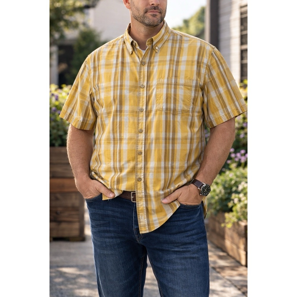 Men's Duluth Trading Co. Green Yellow Plaid Short Sleeve Button-Down Shirt 2XL‎